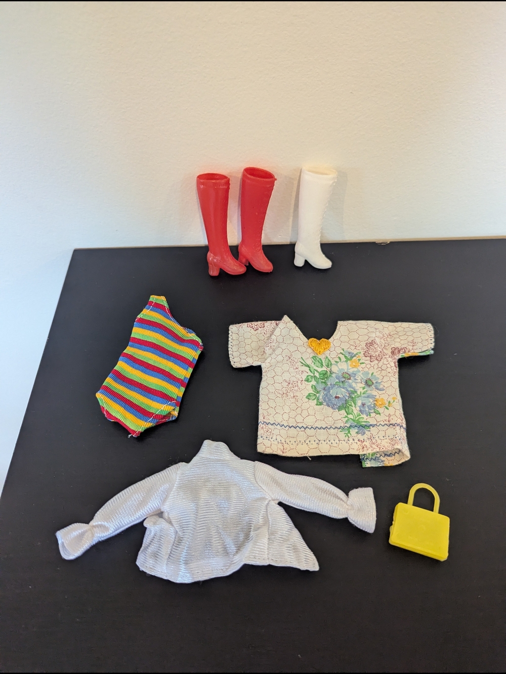 Vintage Doll Outfit Set with Red & White Boots and Yellow Purse